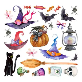 

1 Pc Watercolour Decals Halloween Wall Stickers Spider Pasters Witch Hat Decals
