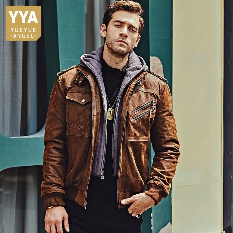 

Luxury Motorcycle Genuine Leather Jacket Men Vintage Short Hooded Detachable Jacket Brand Fashion Design Zipper Pigskin Coat