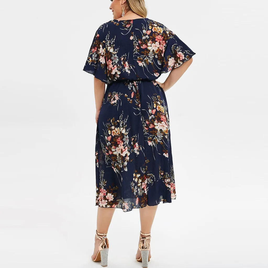 JAYCOSIN Plus Size Dresses For Women Floral Printed O-Neck  Short Sleeve Casual Dress Nkle-Length Plus Size Chiffon Dress Women
