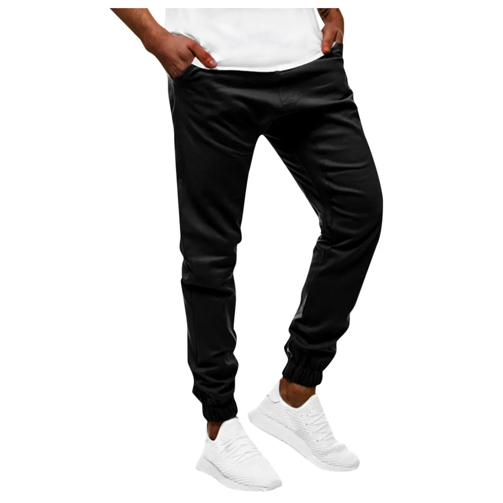 Vogue Pantalon Homme спортивные штаны мужские повседневные Черные Фитнес Бодибилдинг Карманы Кожа полная длина спортивные штаны