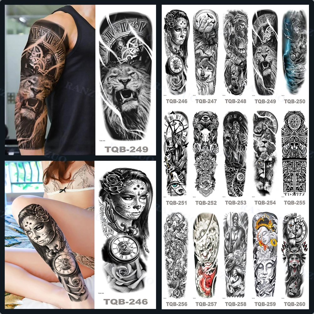 Precio Especial Pegatinas de tatuaje falso de tamaño grande para hombre y mujer, tatuaje de tótem negro oscuro, León grande, tótem geométrico, arte corporal, tatuaje falso para brazo y9VKMd0B3aL