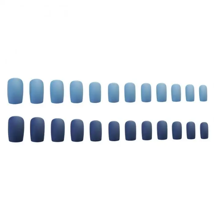 24Pcs/boxed Double Blue Jump Color Matte Mid-length Square Head Nail tips Women Wearable Full Cover press on nails with 2g Glue