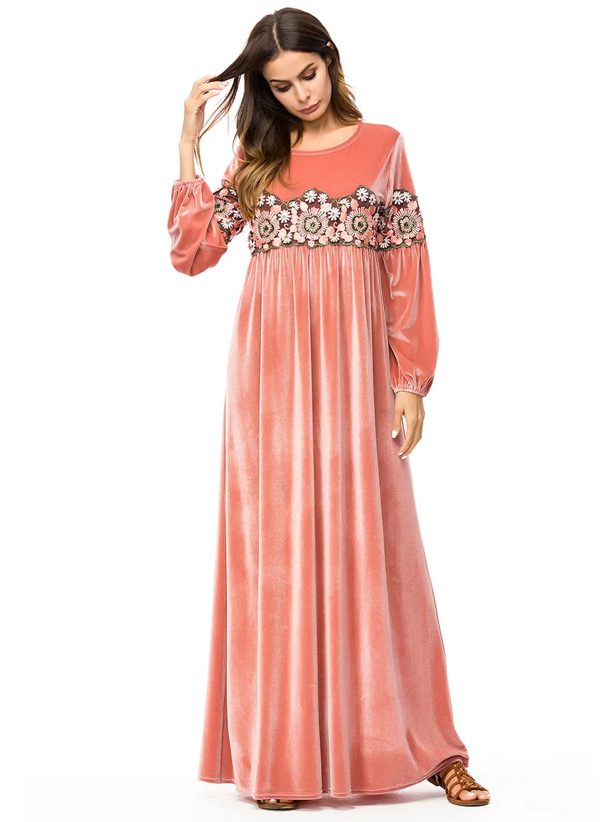Винтаж бархатное платье с вышивкой Для женщин Абая, для мусульман длинное вечерние платье кафтан мусульманская одежда для Дубай теплые свободные платья Рамадан Ne