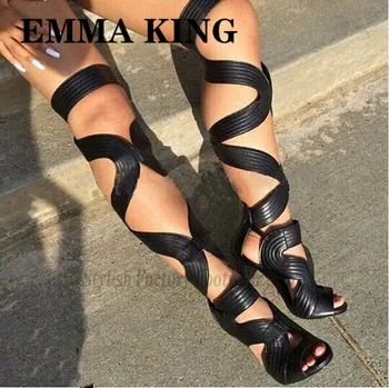

Hot Selling Summer Sandals Botas Mujer Over The Knee Boots Women Shoes Pointed Toe Thin High Heels Lace Up Thigh High Boots