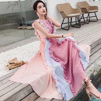 

High End Quality Rainbow Dresses Women Patchwork Pleated Summer Chiffon Dress Sleeveless Lace Up Ruffle Ankle Length Dress Hots