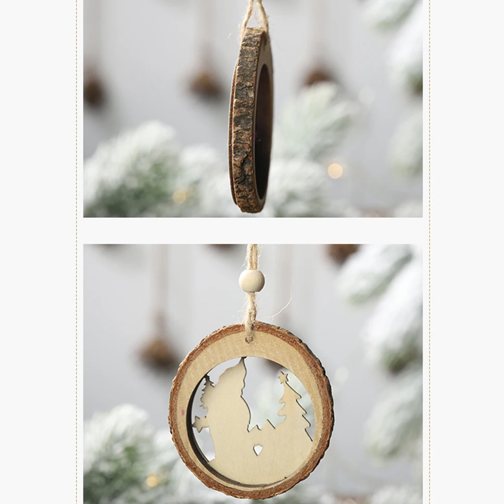3 Pcs Wooden Round Shape Hanging Pendant Hollow Bark Elk Santa Claus Snowman Hanging Ornament Exquisite Christmas Tree Hanging