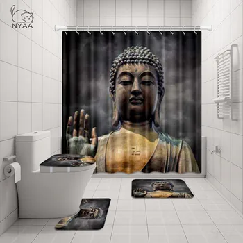 

NYAA 4 Pcs Big Buddha Face With Hand Shower Curtain Pedestal Rug Lid Toilet Cover Mat Bath Mat Set For Bathroom Decor