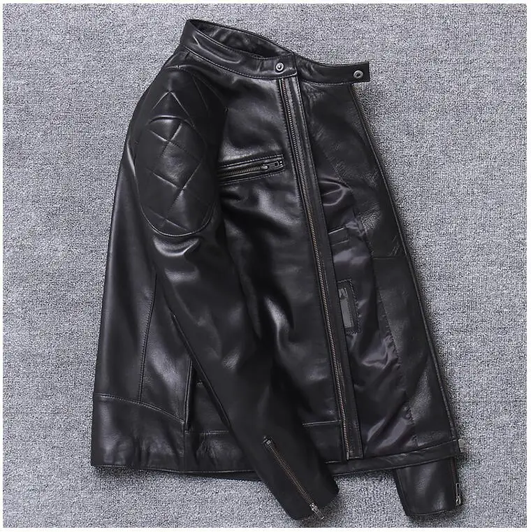 Black Men Slim Fit Biker's Leather Jacket Plus Size XXXXXL Genuine Sheepskin Russian Autumn Motorcycle Leather Coat