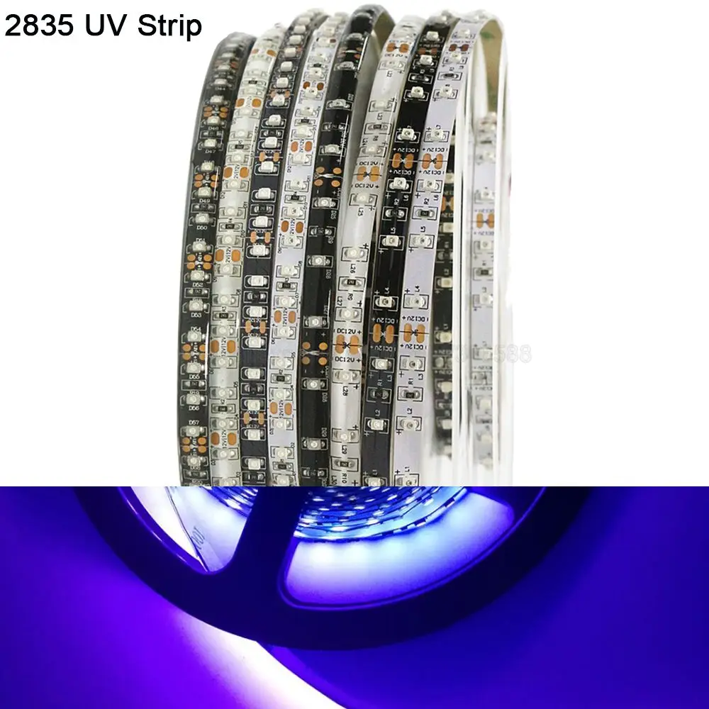 5m 12V Ultraviolet UV LED Strip IP20 IP65 Waterproof 395nm 60 /120 leds/m  2835 SMD LED Strip Light White Black PCB Fluorescence
