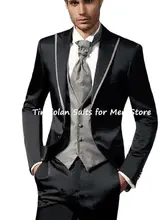

3Pc Custom Made Black Shiny Satin Blazer Trousers Groom Tuxedos Peak Lapel Bridegroom Wedding Men Suits Jacket+Pants+Sliver Vest