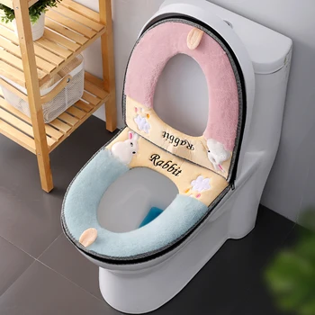 

Washroom Comfortable Winter Warm Washable Toilet Seat Cover Mat Plush WC Mat With Handle Toilet Lid Cover Accessories