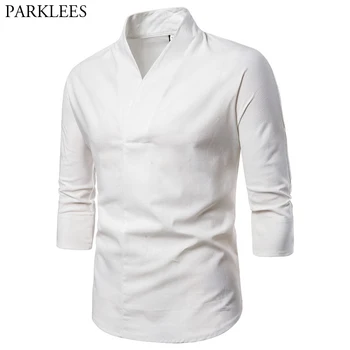 

White Cotton Linen Casual Mens Shirts Brand Collarless 3/4 Sleeve Chinese Style Shirt Men Lightweight Breathable Top Blouse 4XL