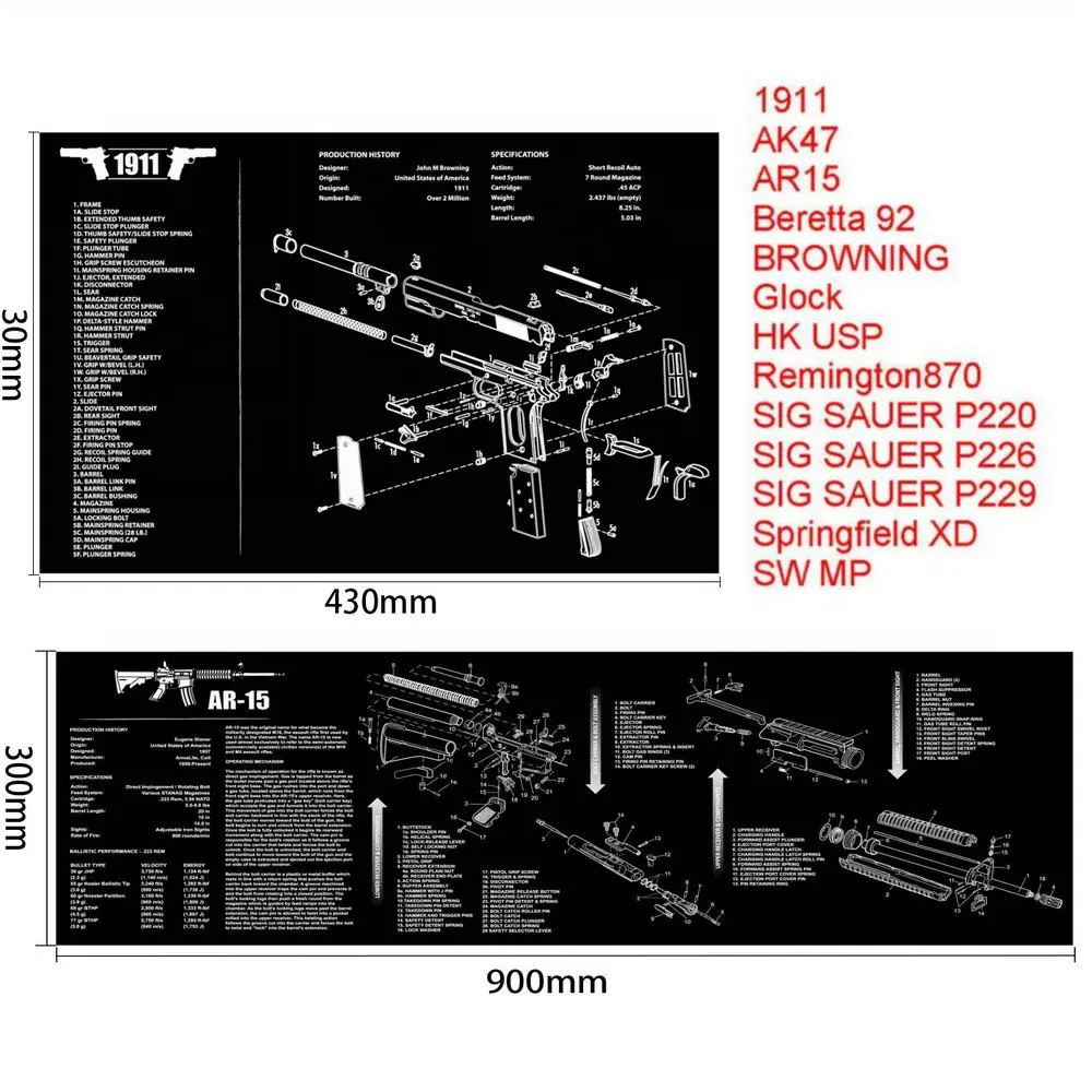 Резиновый коврик для чистки пистолета Glock с диаграммой деталей и инструкциями