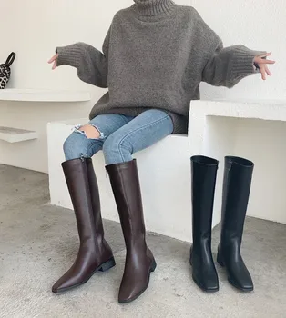 

2020 Korean autumn and winter new fashion side zipper high boots low heel thick heel square head knight boots