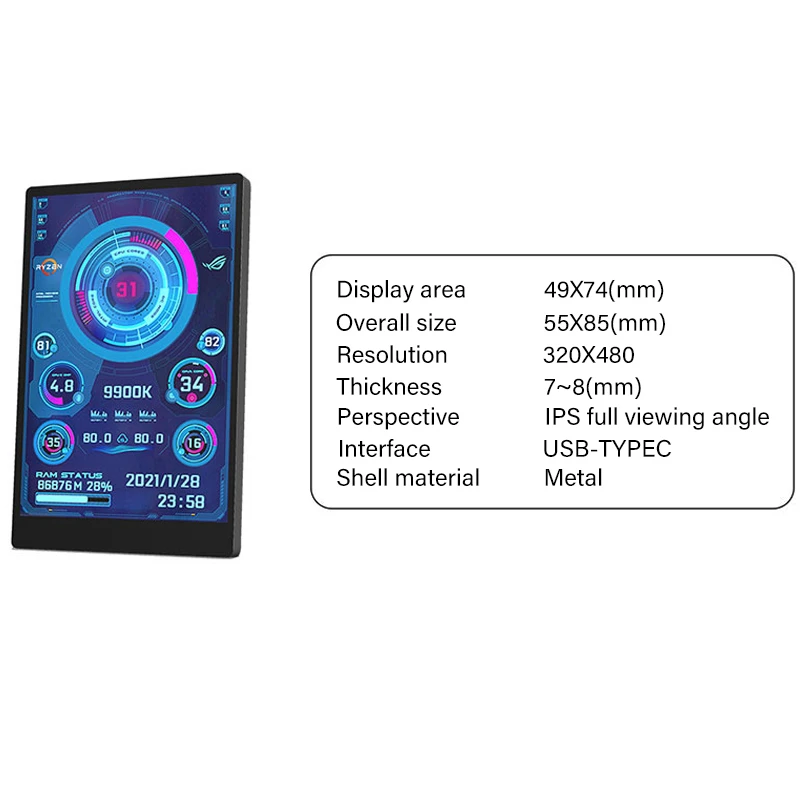 Polegada Ips Tipo-c Tela Secundária Computador Monitor Cpu Gpu Ram Hdd Usb Display para Livremente Aida64 3.5 Acessórios p/ quadro de demonstração - Imagem 4