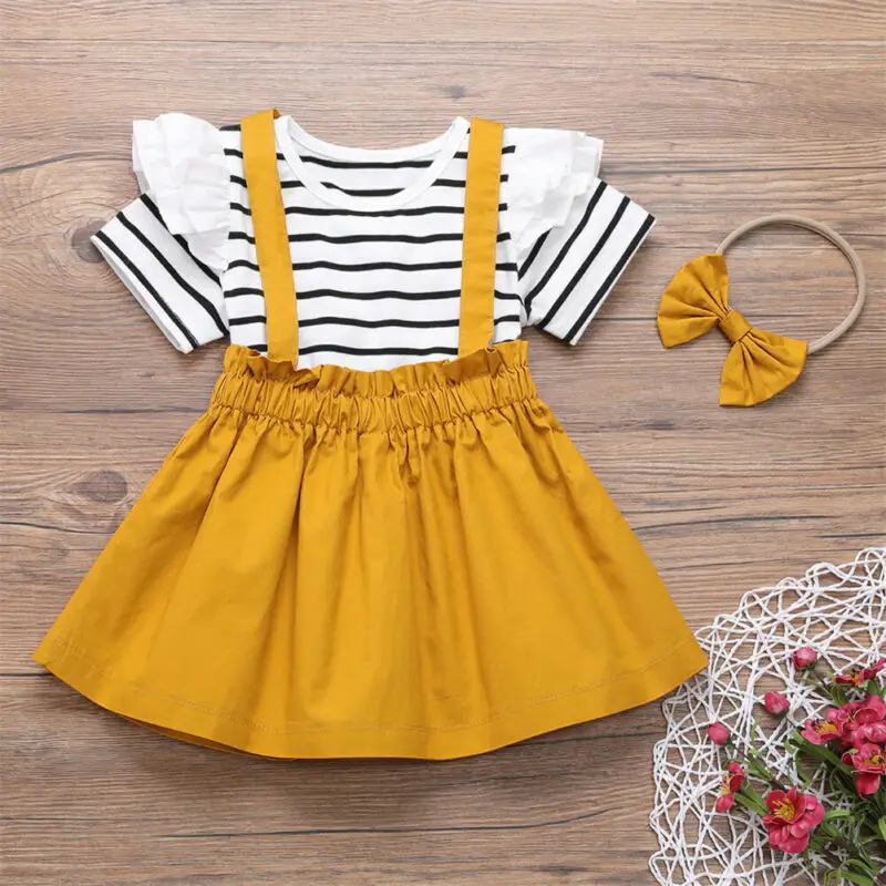 

US Summer Kid Baby Girl Clothes Striped Top T-shirt Strap Skirt Headband Outfits