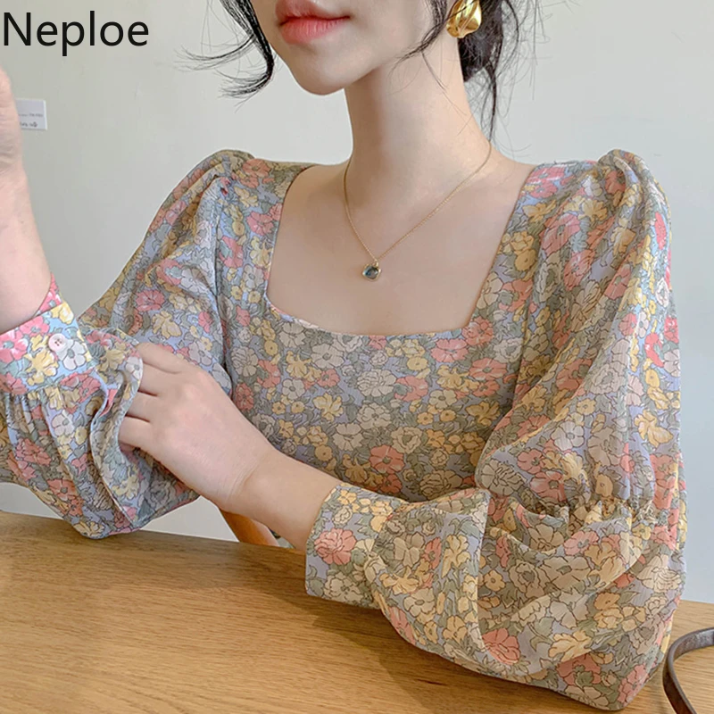 Neploe Flower Print Blouse Women Sexy Square Collar Lantern Sleeve Shirts Blusa Spring 2020 Sweet Slim Fit Female Tops 1B765 | Женская