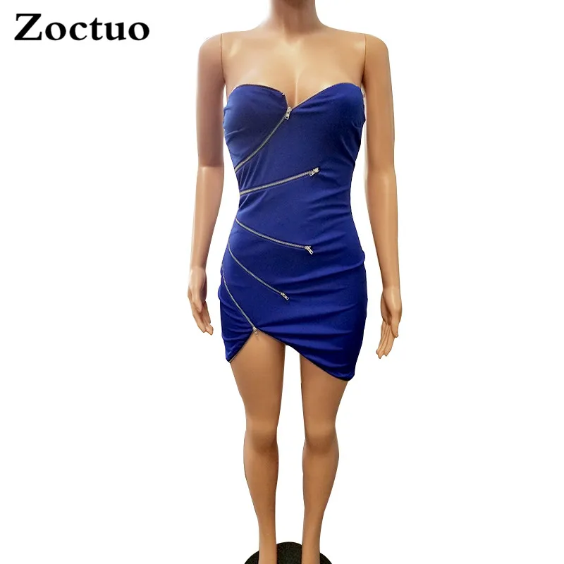 Zoctuo Women Sexy Strapless Irregular Zipper High Waist Pullover Patchwork Color Solid Night Club Short Dress Drop Shipping