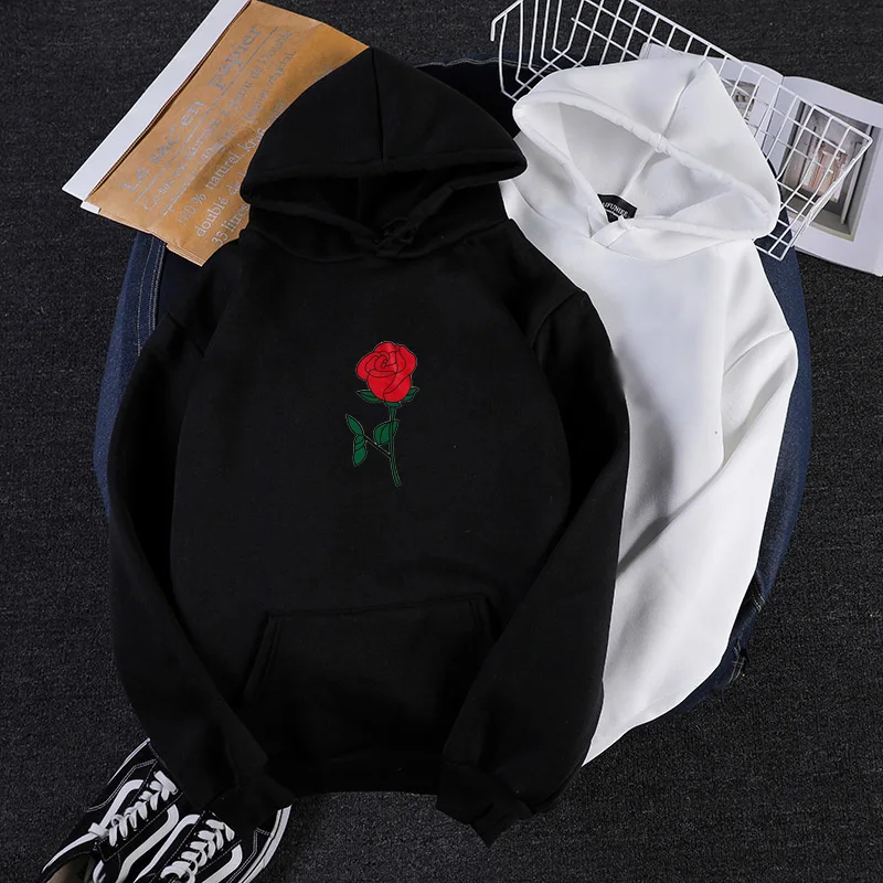 

New Men Rose Print Hoodie Hip Hop Casual Loose Hooded Sweatshirts Clothes Fashion Man Streetwear Harajuku Autumn Winter