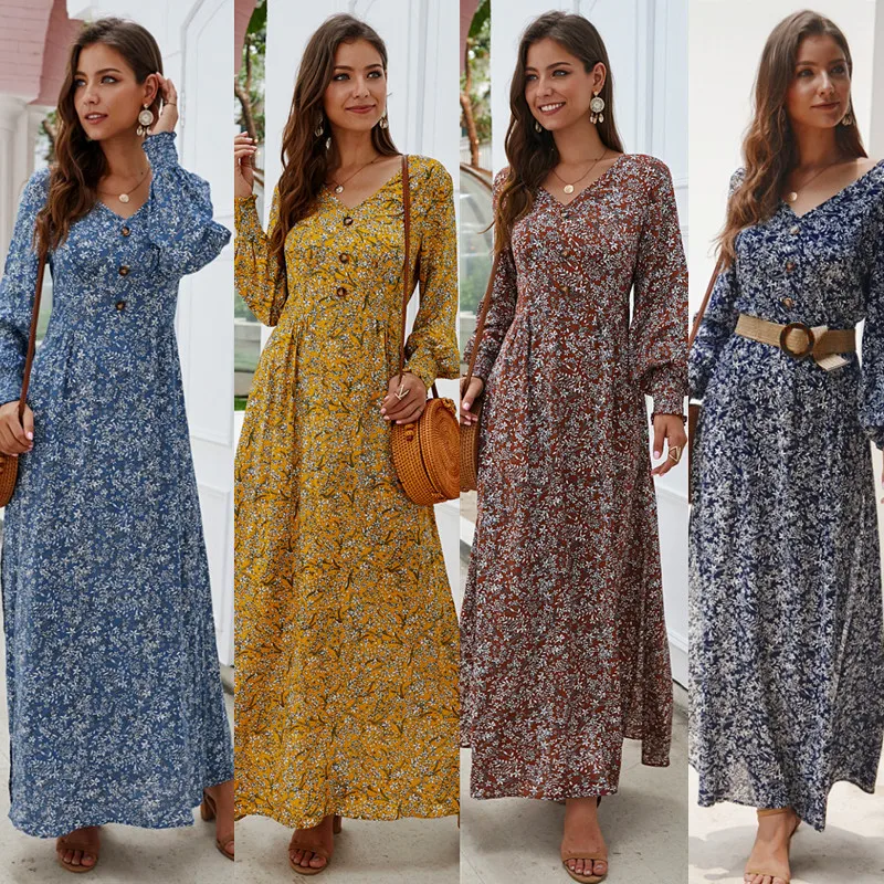 

Spot 2020 spring and autumn European and American popular V-neck Pullover casual long sleeve Floral Dress