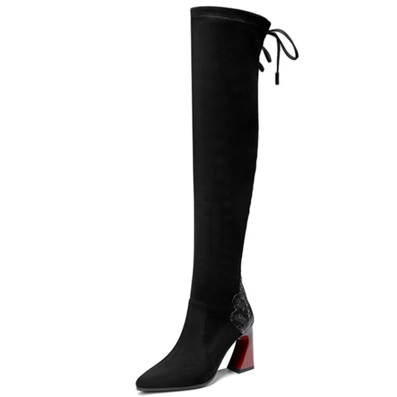 

Kid Suede Over Knee Boots Womens Hoof Heel Mixed Colors Concise Black High Heels Boots Women Pointed Toe Winter Shoes Women Sexy