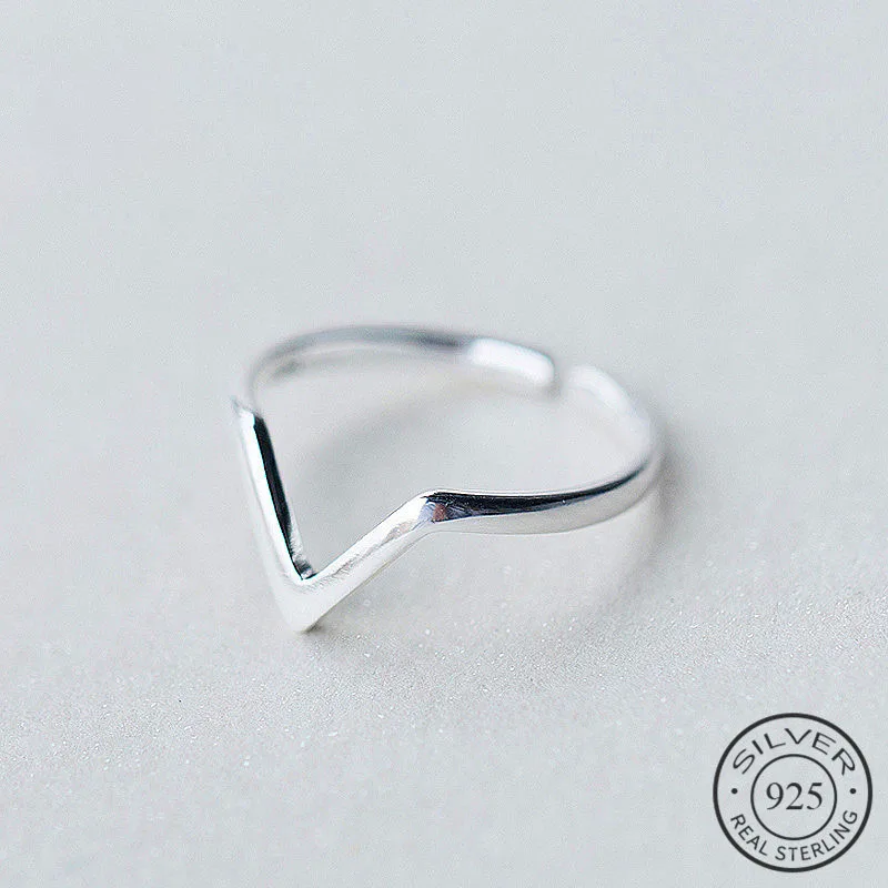 Adjustable Ring Fine-Jewelry Geometric Personality-Accessories Wave-Letter-V 925-Sterling-Silver