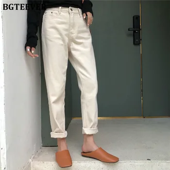 

BGTEEVER Winter Thicken Velvet Fleece Women Jeans High Waist Belted Female Warm Jeans Vintage Loose Denim Pants femme 2019
