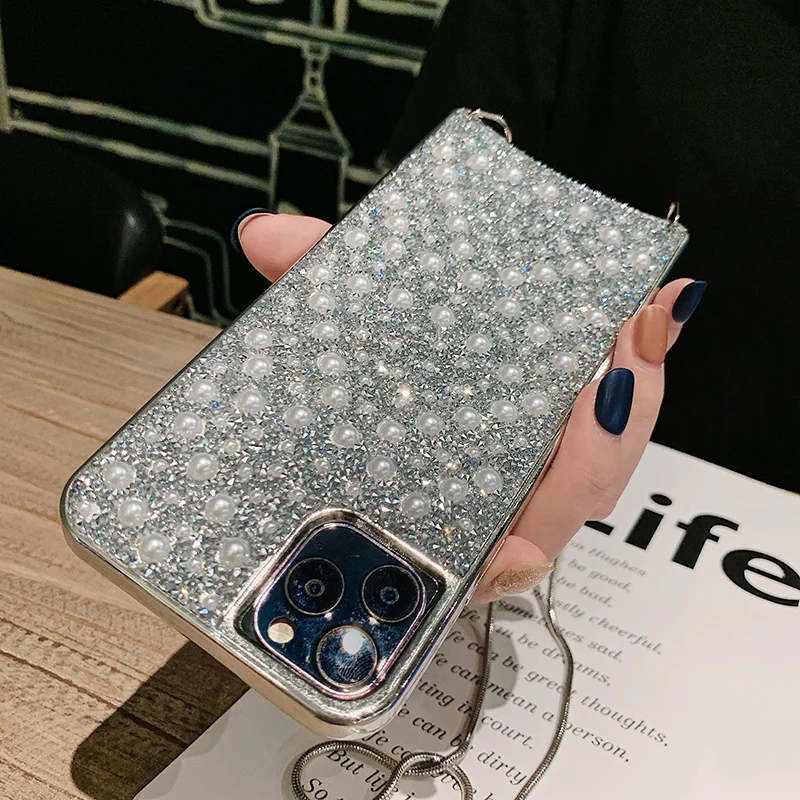 Gelandge Алмазный перламутровый блестящий чехол для телефона для iPhone 11 Pro Max XS XR X 6 7 8 Plus задняя крышка чехол с металлической цепочкой ремешок для телефона