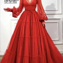 Красные вечерние платья с v-образным вырезом и длинными рукавами с аппликацией vestidos de festa Дубай Саудовская арабское вечернее платье бохо платье для выпускного вечера