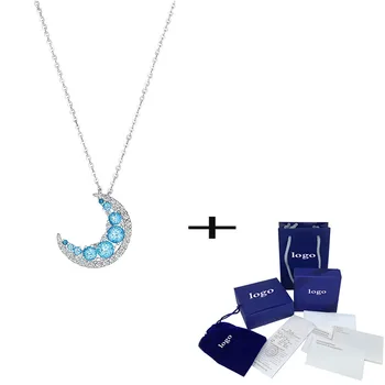 

SWA Exquisite New Blue Topa Moon Necklace Shiny Sapphire Moon Pattern Crystal Fashion Women Jewelry Crystal Necklace