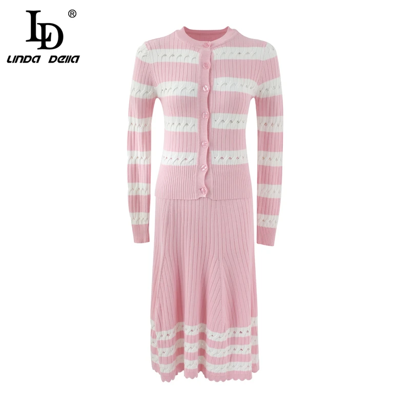 

LD LINDA DELLA Autumn Winter Fashion Runway Women's Knitting Suits Stripe Tops And Casual Pink Midi Skirt Two Pieces Set 2019