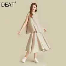 DEAT Pleated Suit Women Sleeveless Round Collar Loose Bud T Shirt + Loose Elastic Wide Leg Skirt Casual Style 2021 Summer HT330