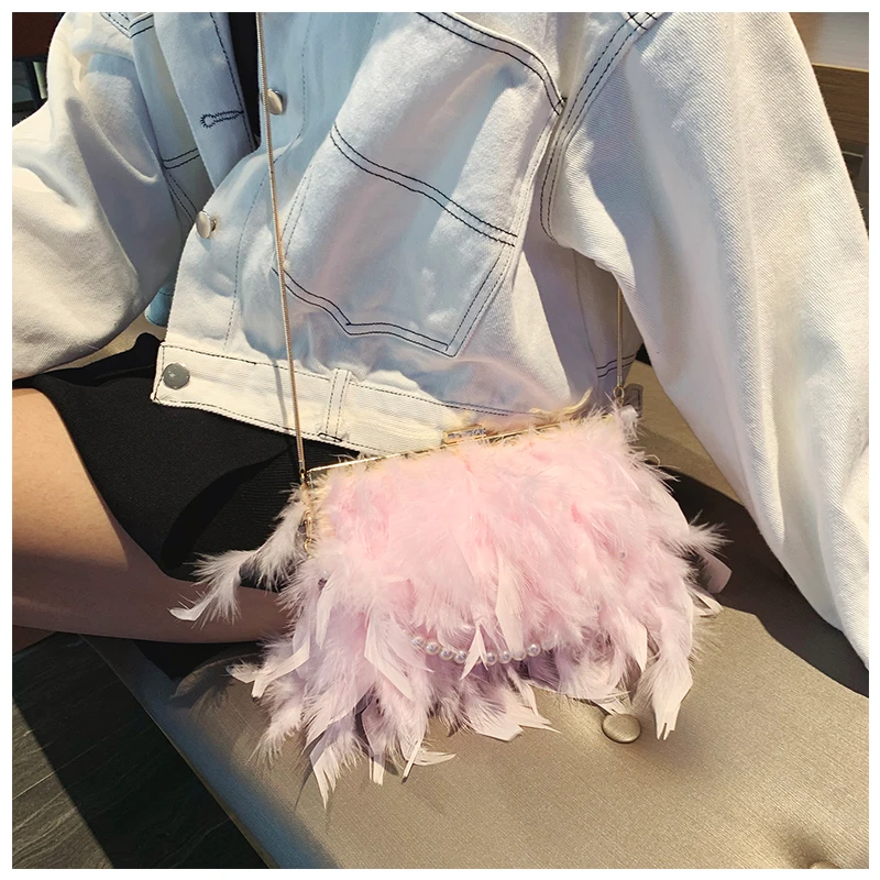 Модные жемчужные бисероплетенные женские сумки-клатчи вечерние сумки настоящая Турецкая цепочка с перьями сумка на плечо Принцесса Сумки через плечо