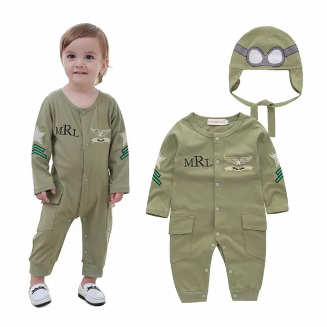 US $10.40 Baby Boy Infant Green Full Sleeves Pilot Aviator Romper+Hat 2pcs Set Playsuit Outfit Jumpsuit Rompe