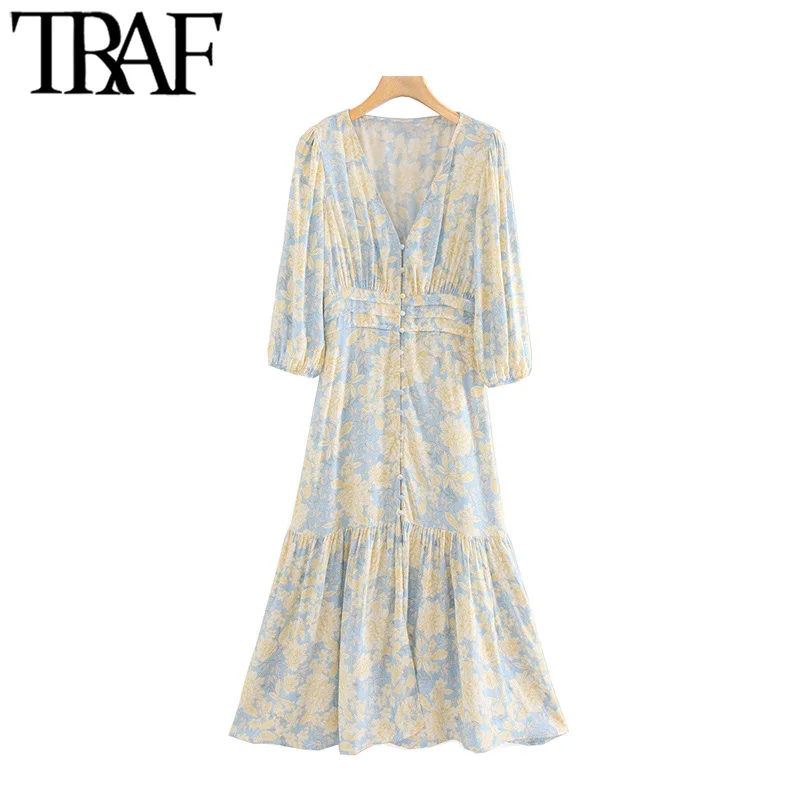 TRAF-vestido Midi con volantes y estampado Floral para mujer, vestido Vintage con escote en V y manga de tres cuartos