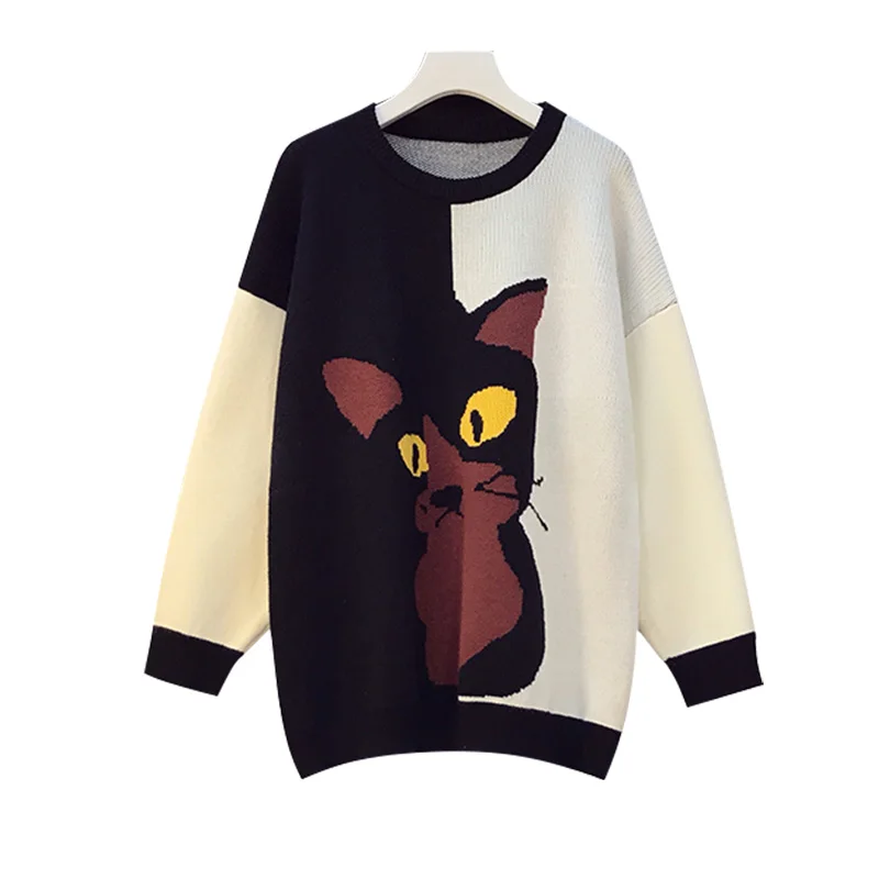 

2020 autumn winter thick warm oversized sweater women fashion cartoon print kint patchwork loose pullover casual jersey mujer