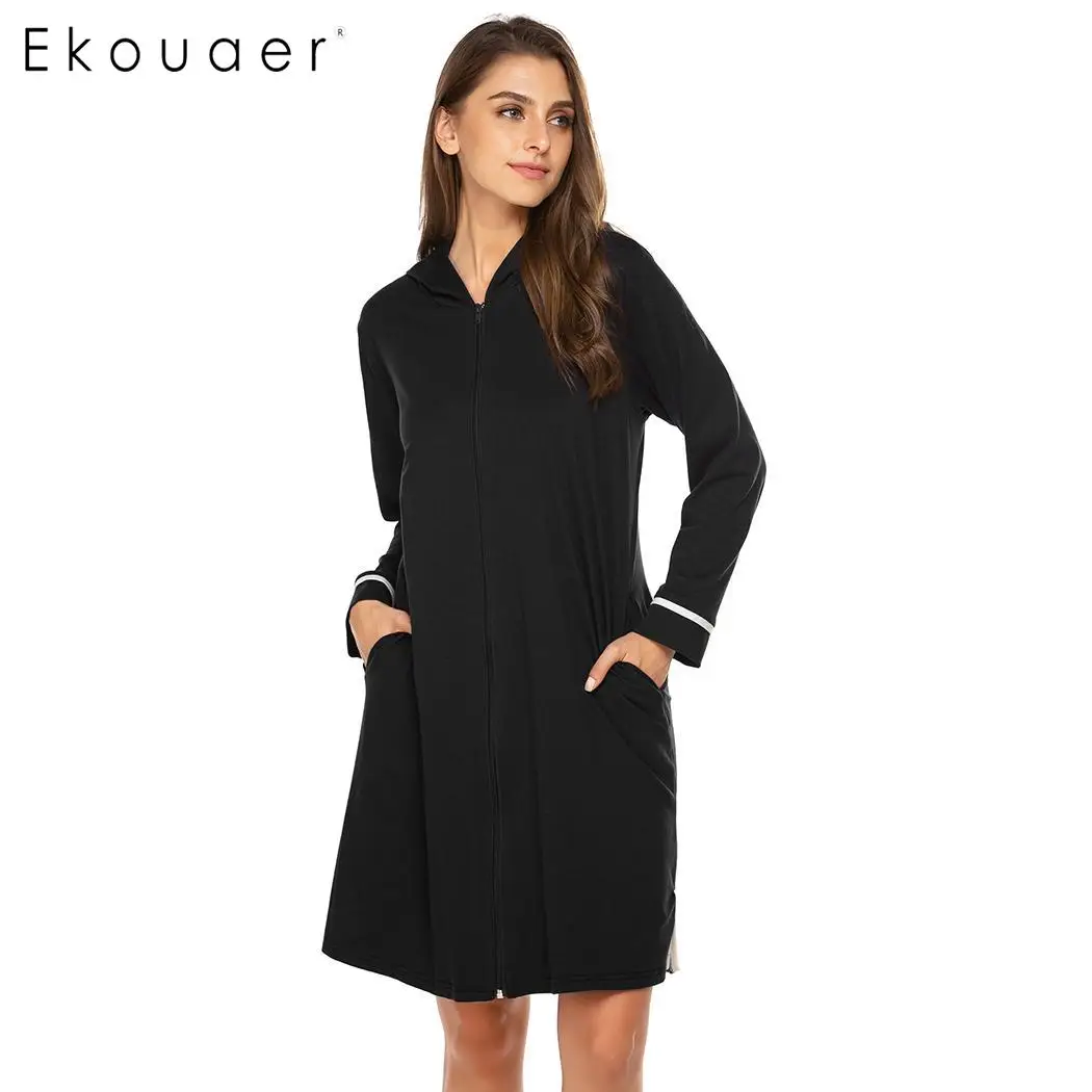 Black Ekouaer Женская Осенняя одежда для сна на молнии банный RobesO-Neck с длинным рукавом с капюшоном свободный халат женский ночной халат - Цвет: Black