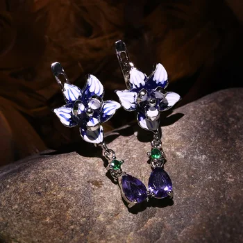 

Stylish Temperament Elegant Flower Enamel Silver Drop Earrings for Women Shinning Purple Zircon Blooming Pendant Dangle Earrings