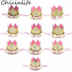 Chicinlife для маленьких девочек цветы Корона оголовье вечерние Кепки номер 1 2 3 4 5 принцессы День Рождения Hat baby Shower вечерние украшения