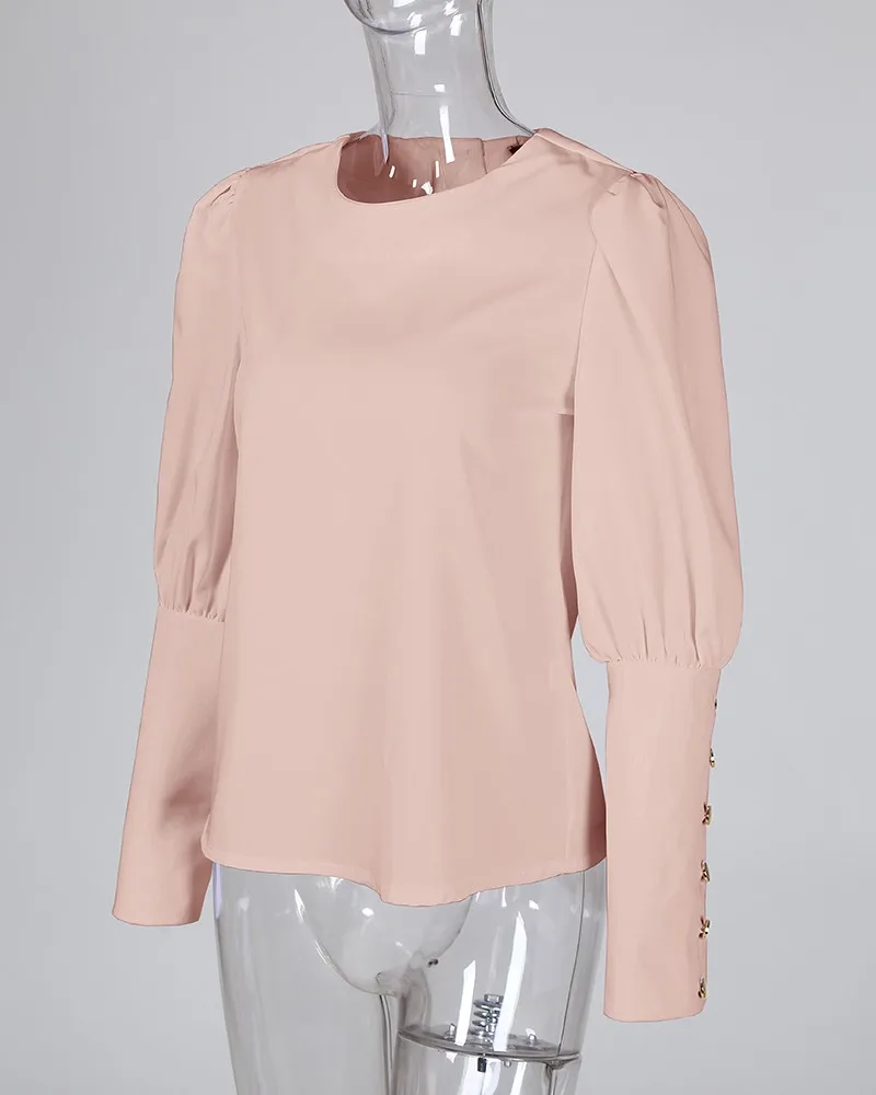 Solid Metal Buttoned Detail Casual Blouse