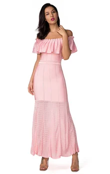 

Fashion Pink Black Slash Neck Off Shoulder Dress Mesh Ruffles Patchwork Women Ankle-Length Party Club Dresses