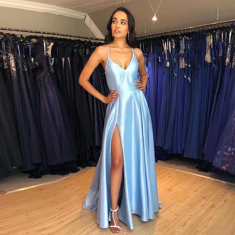 

2024 Simple Long Evening Dress Light Sky Blue Satin Vestido De Noite Crisscross Back Women Occasion Formal Evening Party Gowns