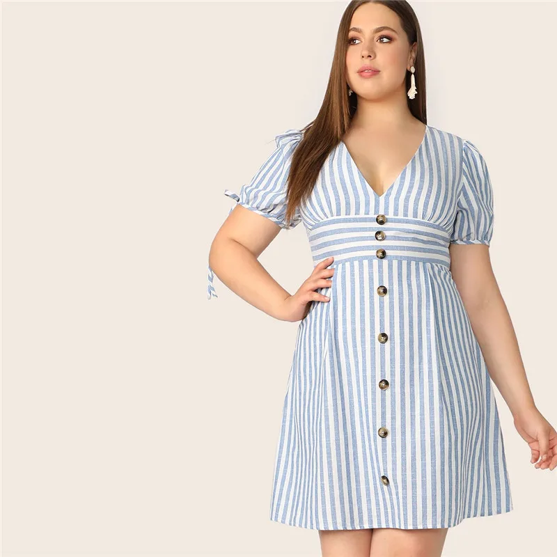 Plus Size Blue Deep V Neck Button Front Tied Cuff Striped Dress Women Summer A Line Boho High Waist Plus Size Dress