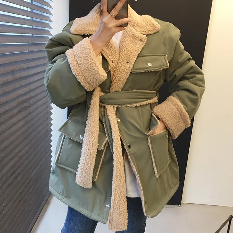 Army green SHENGPALAE шикарный зимний нагрудный имитирующий поясок из овечьей шерсти, длинный пояс, утолщенная рабочая одежда, свободное хлопковое Женское пальто 5D075 - Цвет: Army green