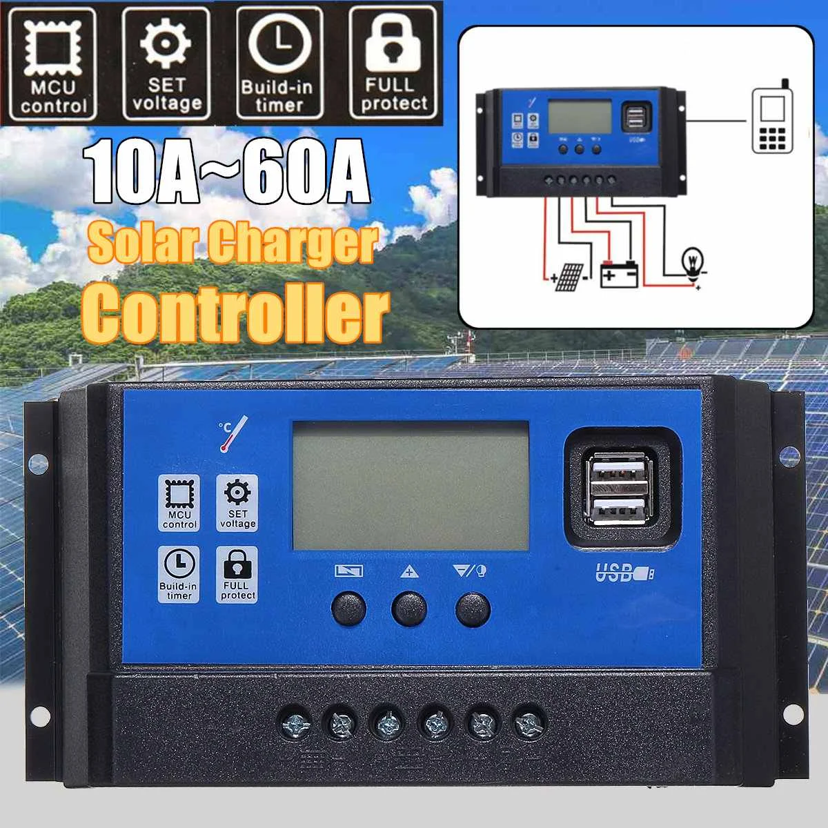 60A/50A/40A/30A/20A/10A 12 В 24 в автоматический Солнечный контроллер заряда ШИМ ЖК-дисплей двойной USB солнечная батарея панель регулятор PV дома 5 В выход