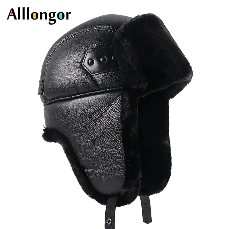 Russian Ski Hat Man Soft Leather Bomber Hats Warm Winter Hats Black Fur Earflaps Caps With Ear Flaps Ushanka Dad Soviet Hat winter hat fur hat earflap hat