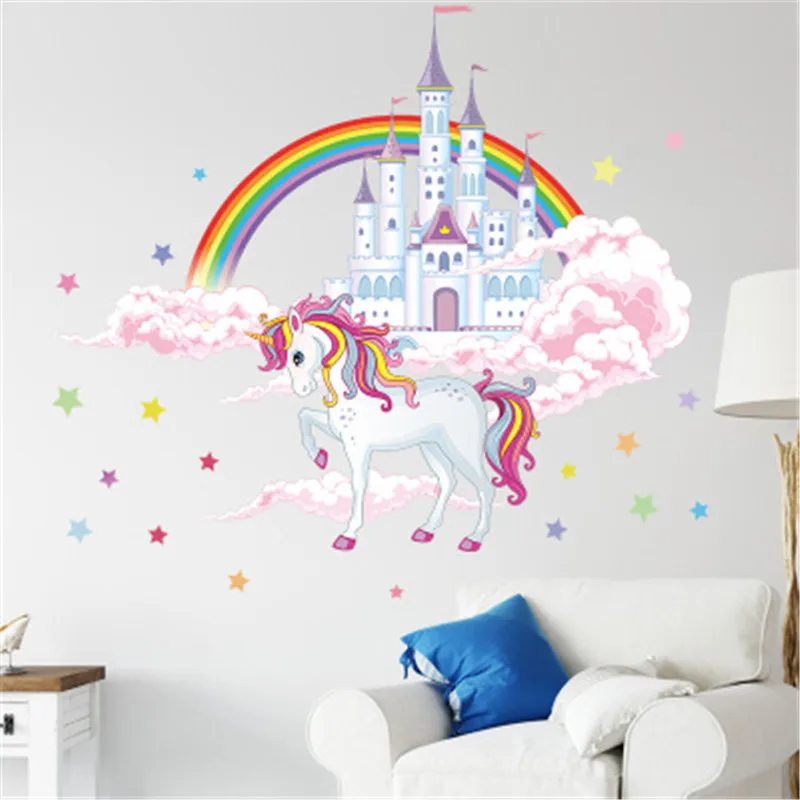 Colorful Rainbow Pink Princess Castle Unicorn Wall Sticker For Girls Kids Bedroom Unicorn Wall Decor Vinyl Mural Decals Muraux