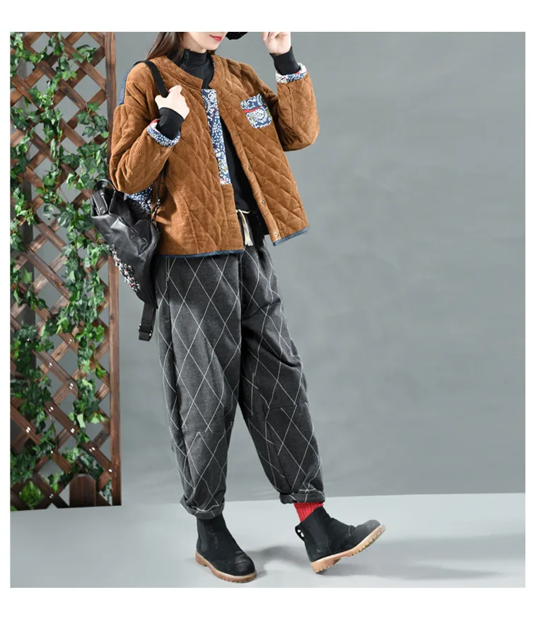 Стиль ретро вельветовое плотное Стеганое пальто с аппликацией художественное хлопковое пальто короткая куртка женская короткая куртка