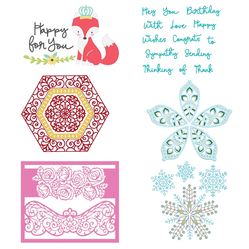 

Fox Word Rose Card Snowflake Graphics Hexagon Pattern Metal Cutting Dies Stencils For DIY Scrapbooking Decor Embossing Handcraft