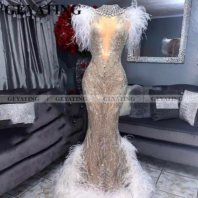 Best Price Luxe Witte Veren Mermaid Zwarte Meisjes Prom Dresses Glitter Zilver Crystal Sexy Lange Graduation Gowns Afrikaanse Formele Jurken
